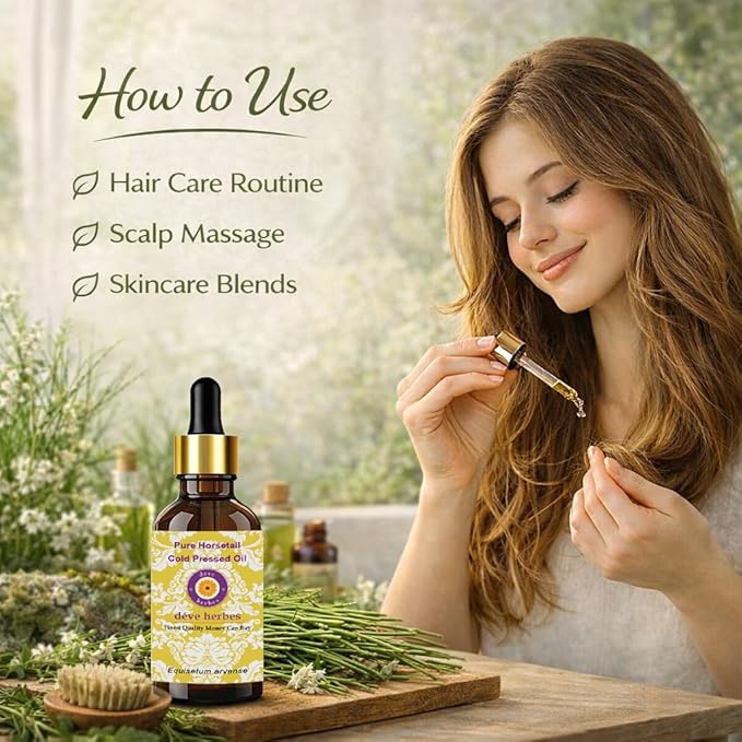 Deve Herbes Horsetail Oil (Equisetum arvense) with Glass Dropper | Cold Pressed | Pure | For Diluting Essential oils | Hair, Skin & Massage | Non-Sticky | Lightweight | Unisex | 10ml (0.33 oz)