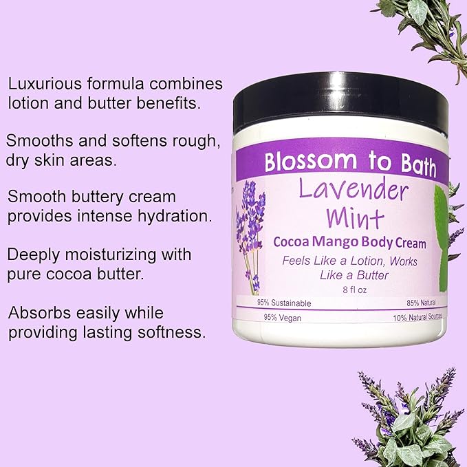 Blossom to Bath Lavender Mint Cocoa Mango Body Cream (8 Ounce) - Pure Essential Oil Fragrance - Feels Like A Lotion And Works Like A Butter with a Cheerfully Relaxing Scent