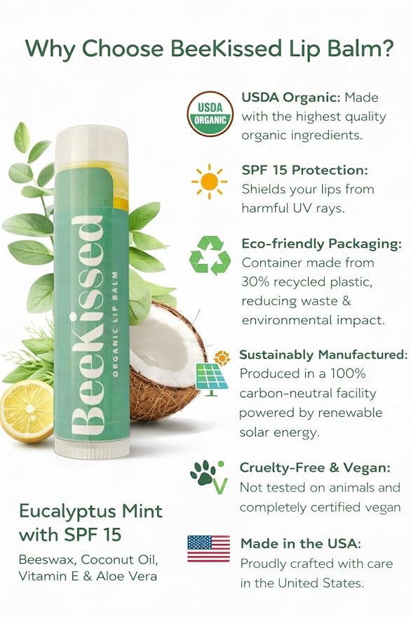 USDA Organic Lip Balm, Eucalyptus Mint with SPF 15, Beeswax, Coconut Oil, Vitamin E & Aloe Vera, 2-Pack (0.15 oz each)