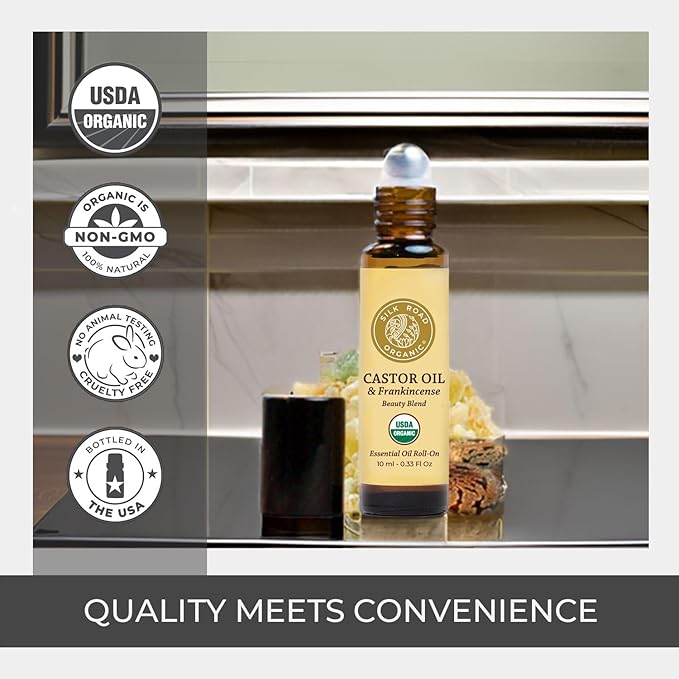 Silk Road Organic Castor Oil & Frankincense Essential Oil Under Eye Roll On for Bags, Dark Circles, Crows Feet, Fine Lines & Wrinkles | USDA Certified Aromatherapy for Delicate Eye Skin, 10ml Roller