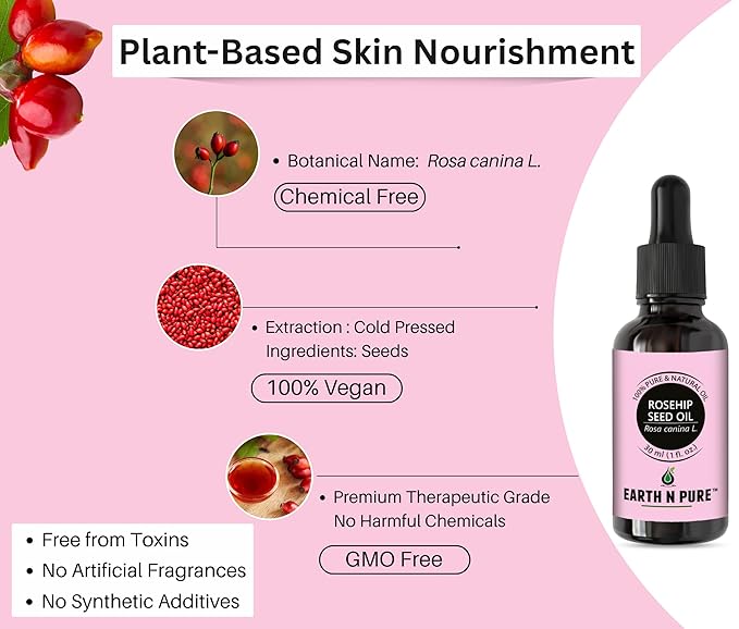 Earth N Pure Rosehip Oil Cold Pressed, Natural and Therapeutic Grade for Face with Glass Dropper - 100 ml