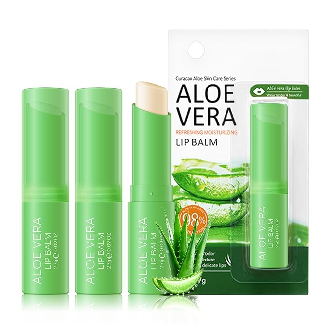 KYDA 3 Pcs Aloe Vera Lip Balm, Deep Hydrating Lip Balm, Reduce Fine Lines, Daily Lip Moisturizer for Dry Cracked Lips, with Real Aloe Vera, Colorless Finish