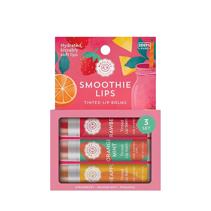 Tinted Lip Balm Set: All-Natural Shea Butter, Beeswax, Coconut Oil, Vitamin E Infused Lip Moisturizer Care Treatment (3 Pack, Smoothie Lips)
