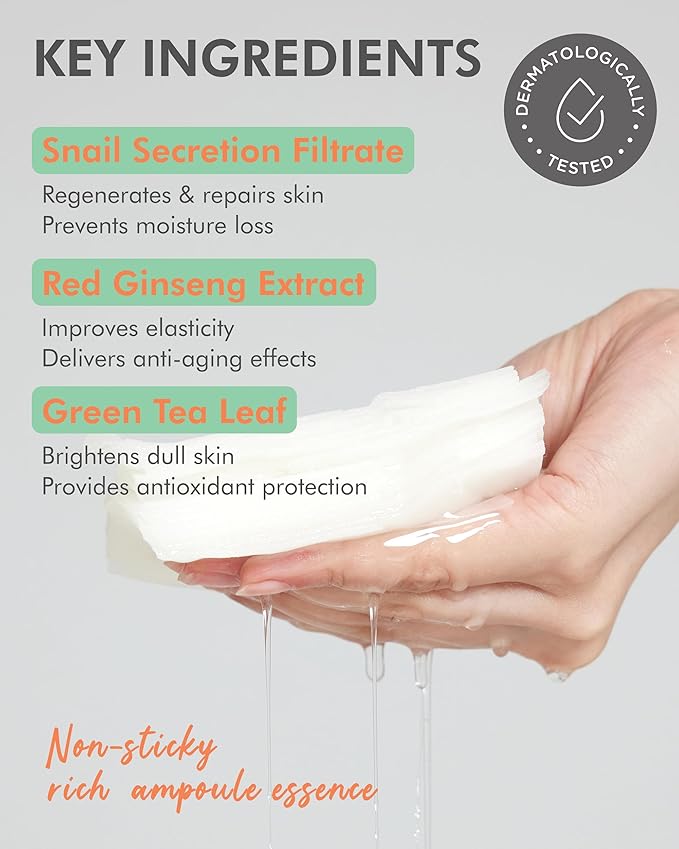 DERMAL Seoul Face Snail Mucin 5-Min Quick Sheet Mask 36 Count Bulk, Korean Morning Pull-Out Dispenser with Tweezers, Red Ginseng Green Tea Antioxidant Face Mask for Skin Renewal, Vegan Tencel