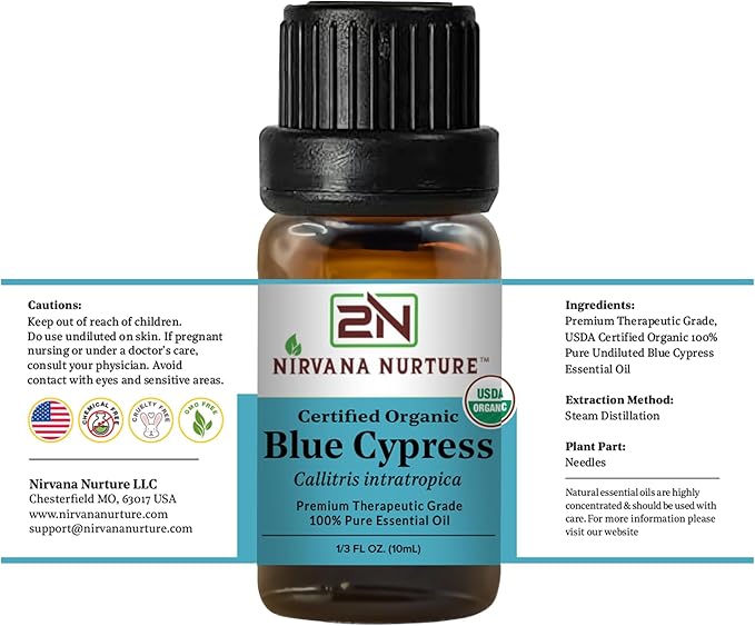 Blue Cypress Essential Oil, USDA Certified Organic, 100% Pure Undiluted, Aromatherapy Oil for Diffuser, Hair & Skin Care
