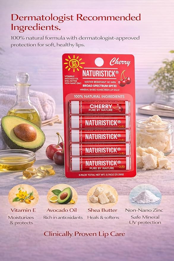 Naturistick UV Pro® Mineral SPF 30 Lip Balm – Cherry (5-Pack), Broad Spectrum Sun Protection