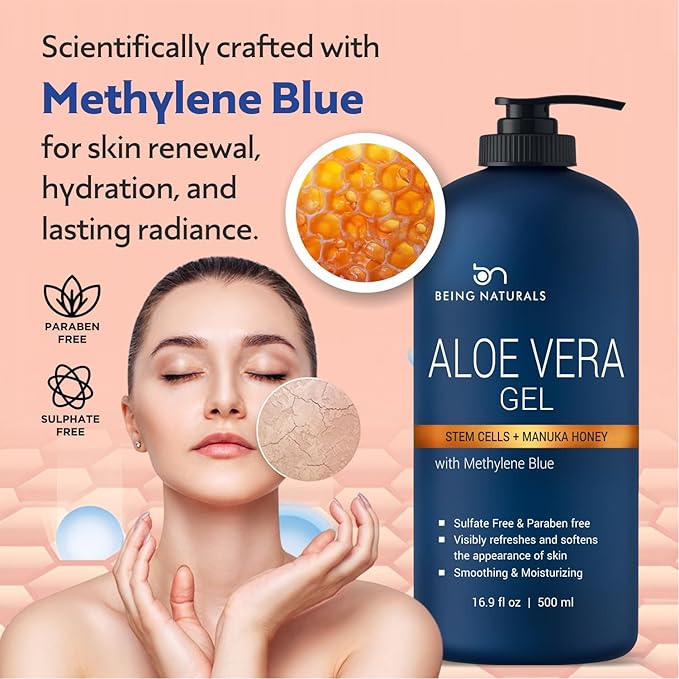 Aloe vera Gel - from 100% Pure Organic Aloe Infused with Manuka Honey, Stem Cell, Methylene Blue - Natural Raw Moisturizer for Face, Body, Hair. Perfect for Sunburn, Acne, Razor Bumps 16.9 fl oz