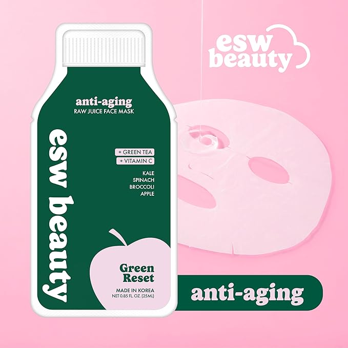 ESW Beauty Green Reset - Anti-Aging Raw Juice Face Mask - Revitalizing with Kale, Spinach, Broccoli & Apple for Mature Skin - Boosts Collagen & Reduces Wrinkles