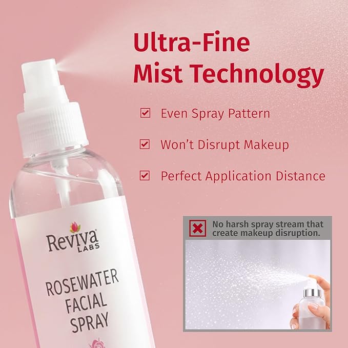Reviva Labs Rosewater Facial Spray with Soothing Aloe, Herbs & Hyaluronic Acid - Hydrating Rose Water Spray for Face Agua de Rosas para La Cara - Face Mist Toner for All Skin Types, 8 Fl Oz