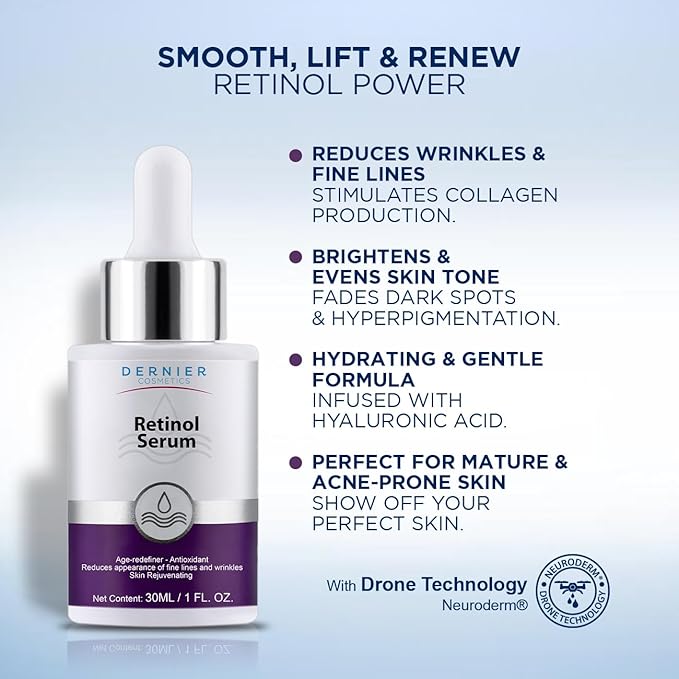 Dernier Retinol 1% Serum for Face - Anti-Aging Skin Care Serum with Hyaluronic Acid 0.5% - Reduces Wrinkles Fine Lines & Signs of Aging Night Moisturizer Ideal for Sensible Skin (1 fl oz)