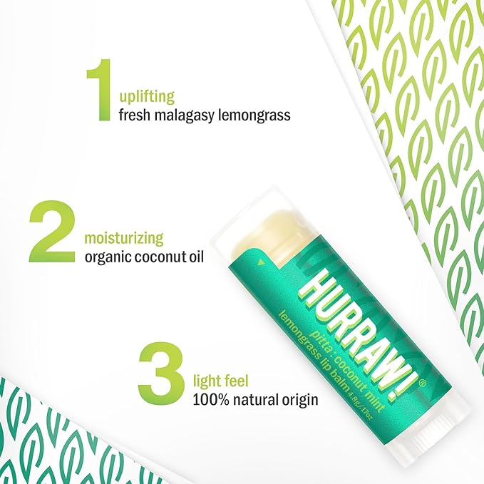 Hurraw! Coconut, Mint, Lemongrass (Pitta) Lip Balm: Organic, Certified Vegan, Cruelty and Gluten Free. Non-GMO, 100% Natural Ingredients. Bee, Shea, Soy and Palm Free. Made in USA