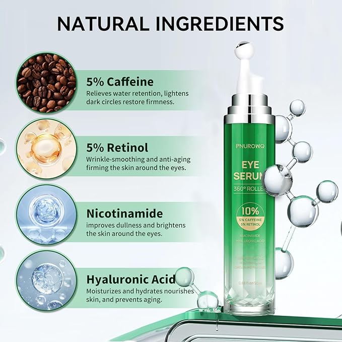 Eye Cream with 5% Caffeine Retinol Hyaluronic Acid, Eye Serum with 360° Roller Massage Ball for Puffy, Bags, Fine Lines, Dark Circles and Wrinkles, Under Eye Treatment Serum for Women & Men
