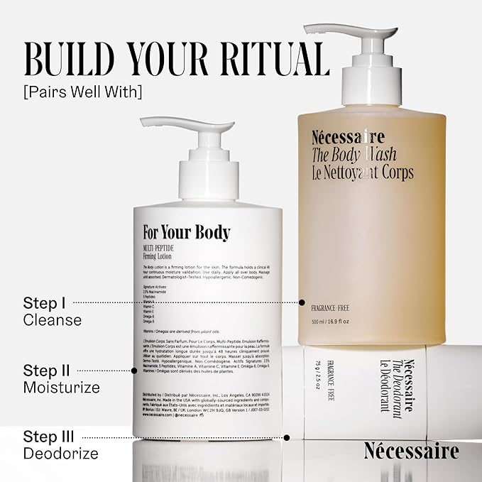 Nécessaire The Body Lotion. Fragrance-Free. Multi-Peptide Firming Lotion to Moisturize, Firm, Strengthen. 2.5% Niacinamide, Vitamin C/E + Omega 6/9. 2.4 fl oz