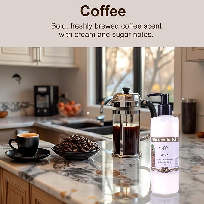 Blossom to Bath Coffee Lotion (8 Ounce) - Natural Fragrance - Absorbs Quickly with a Rich Coffee-inspired Scent