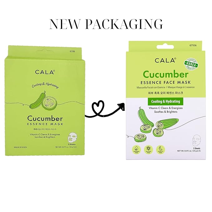 Cala Cucumber Essence Facial Sheet Masks, 5 Pack - Ultra-Thin Hydrating Face Mask Sheets with Cucumber + Watermelon Extract, Sodium Hyaluronate, No Rinse, For Dry/Dull Skin