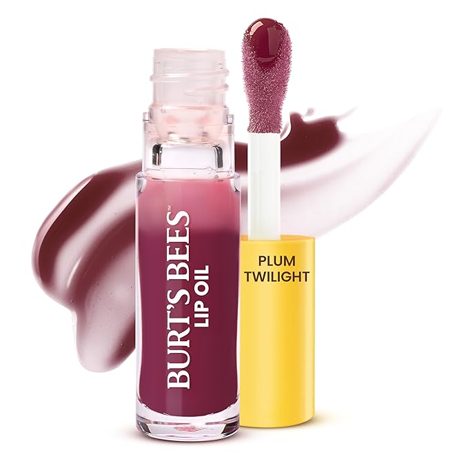 Burt's Bees Lip Oil Plum Twilight, Instant Hydration, Nourishes and Softens Lips, Sheer Wash of Color, High Shine Finish, Responsibly Sourced Jojoba Oil, Non Sticky, Wand Applicator, 0.15 Ounce