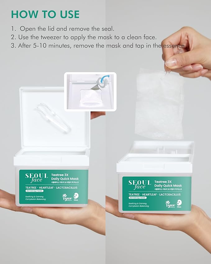 DERMAL Seoul Face Tea Tree & Heartleaf 5-Min Daily Sheet Mask 36 Count Bulk, Korean Calming Pull-Out Dispenser with Tweezers, Lactobacillus Oil Control Face Mask for Redness Oily Acne-Prone Skin