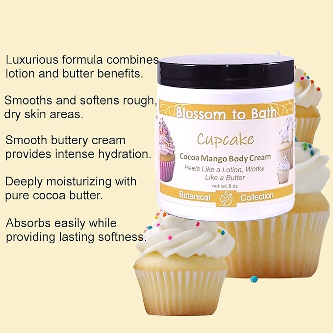 Blossom to Bath Cupcake Cocoa Mango Body Cream (8 Ounce) - Natural Fragrance - Feels Like A Lotion And Works Like A Butter with a Rich Vanilla Scent