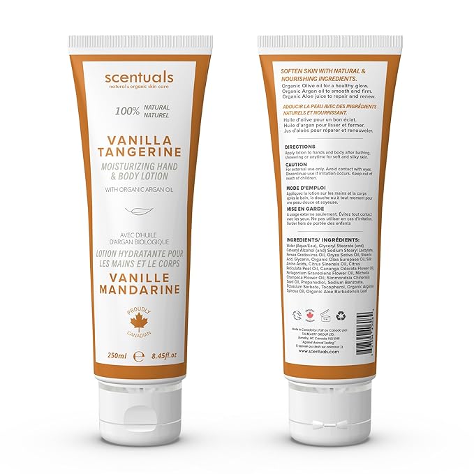 Hand & Body Cream Scented with Essential Oil Vanilla Tangerine, Made with Organic Argan Oil, Olive Oil, Aloe Juice, for Dry Skin, Cruelty Free, Natural Skin Care Products, 250 ml, 8.45 fl.oz
