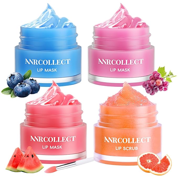 ANRCOLLECT Lip Care Set - Exfoliating Scrub + 3 Overnight Masks for Soft, Hydrated Lips, 4-Pack Gift Set