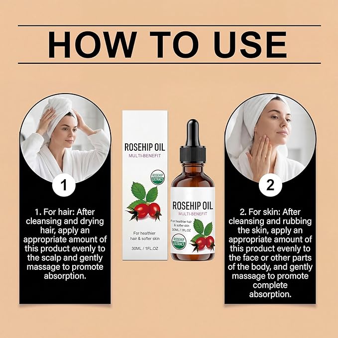Rosehip Oil for Face, Rosehip Seed Oil, Organic Face Oil for Women, Hydrating Facial Oil for Daily Skincare, Nourishing Skin & Hair, Lightweight Moisturizing Oil (3PC)