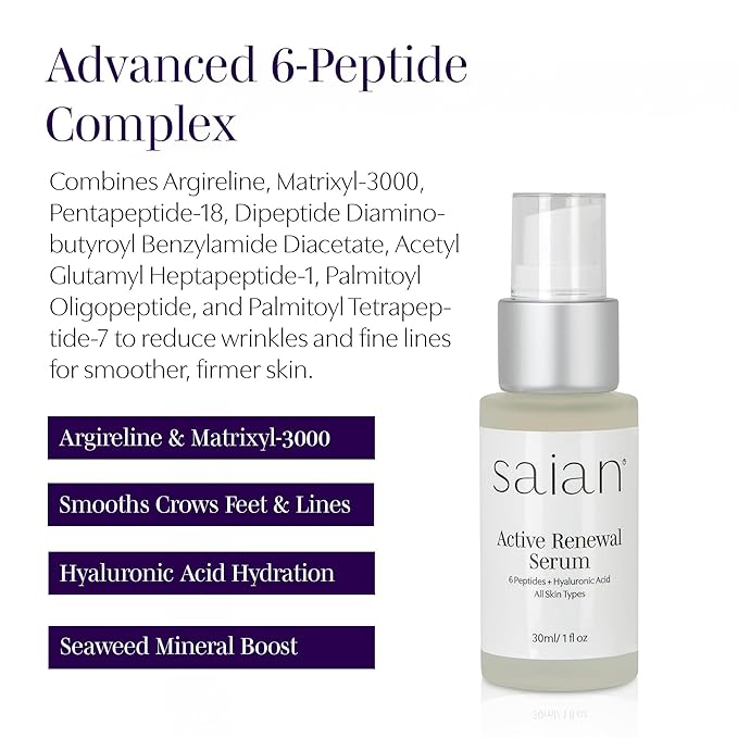 Saian Active Renewal Peptide Serum – Anti-Wrinkle Firming Facial Skin Booster with Hyaluronic Acid & Multi-Peptide Complex | Smooths Fine Lines, Crows Feet & Aging Skin | Vegan Spa-Grade Skincare