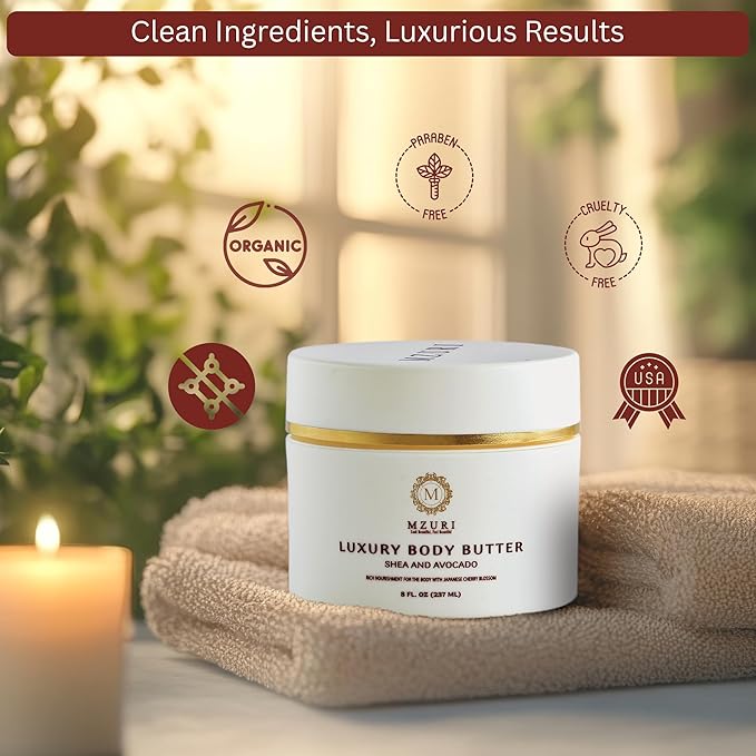 MZURI Body Butter, Whipped Shea and Avocado Blend, Fast-Absorbing, Deep Moisturizing Cream with Essential Oils, Non-Greasy, Natural Skincare for Dry, Glowing Skin, Organic Butter - 8 Fl. Oz
