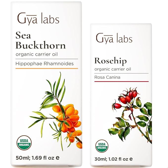 Gya Labs Seabuckthorn Oil for Skin (1.69 fl oz) & Rosehip Oil for Face (1 fl oz) Set - Aromatherapy Grade Essential Oils Set