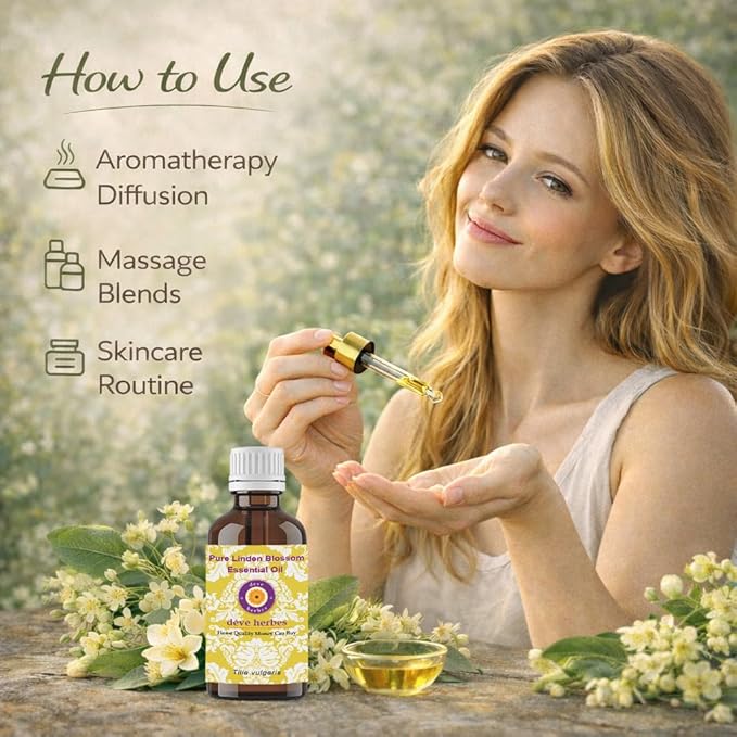 dève herbes Linden Essential Oil (Tilia vulgaris) with Glass Dropper | Pure | Non-Sticky | Non-Greasy | Lightweight | Men & Women | All Skin Types | Steam Distilled 15ml (0.5 oz)