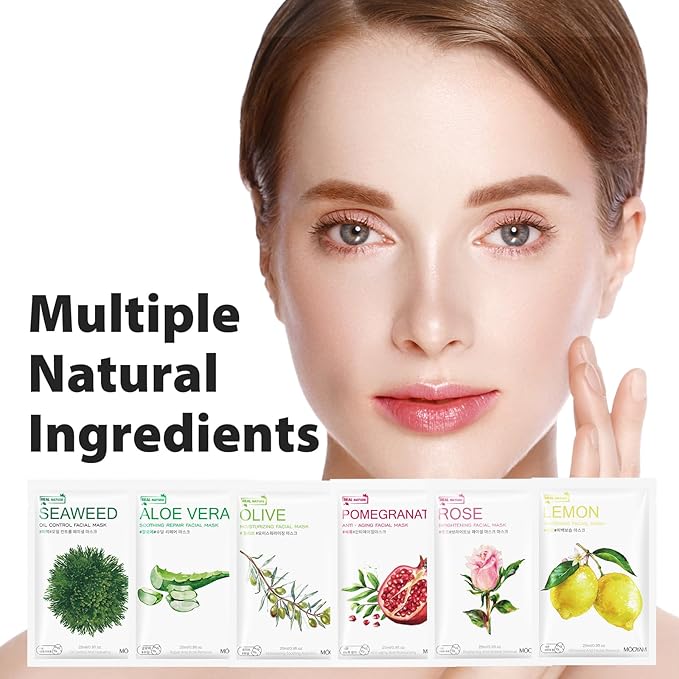 Plants Fruits Face Masks for Women,Aloe Vera Face Mask Hydrating,Moisturizing Rose Facial Masks for Women,Pomegranate Mask Sheet Skincare for All Skin Types(12Pack)