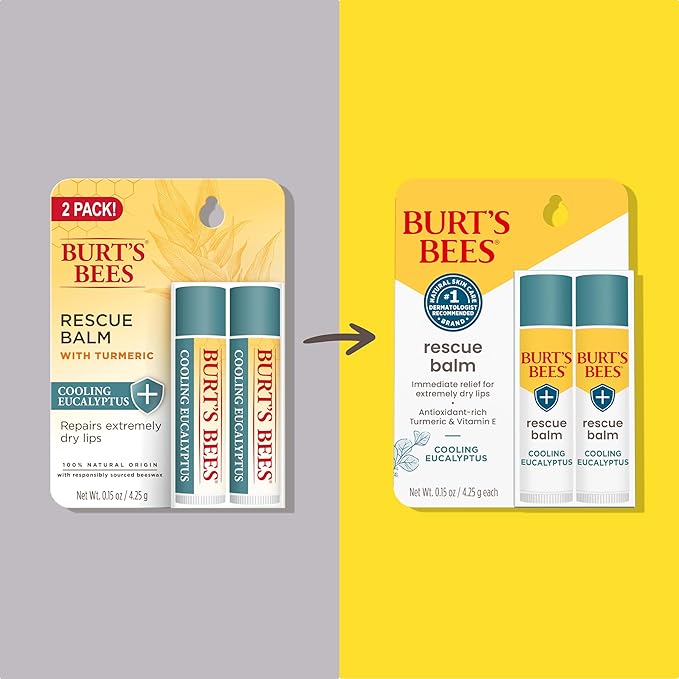 Burt's Bees 100% Natural Origin Rescue Lip Balm With Beeswax and Antioxidant-Rich Turmeric Promotes Healing Of Extremely Dry Lips, Cooling Eucalyptus, 2 Tubes in Blister Box(Pack May Vary)