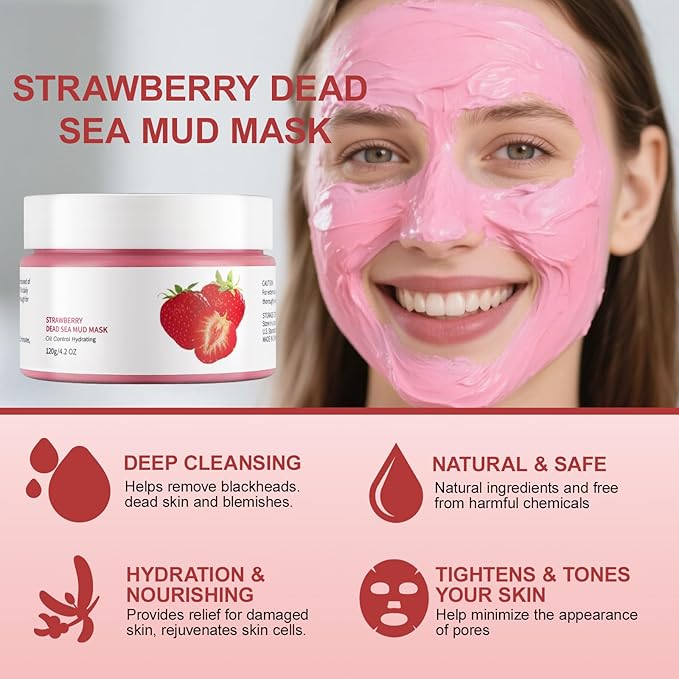 Clay Mud Face Mask for Women,Strawberry Dead Sea Mud Facial Mask Skincare,Deeping Cleansing,Oil Control,Hydrating Face Cleaning Clay Masks for All Skin Types (4.2OZ)