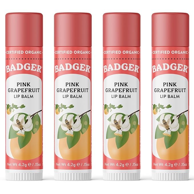 Badger Pink Grapefruit Classic Lip Balm, 100% Organic Lip Balm, Long Lasting Lip Care w/Light Silky Texture, Refreshing & Uplifting, 4 Pack