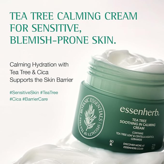 Tea Tree Soothing In Calming Cream for Sensitive Skin with Tea Tree Oil & Cica, Helps reduce redness and breakouts, Soothing skin and providing hydration, Korean Skin Care (2.70 fl.oz)