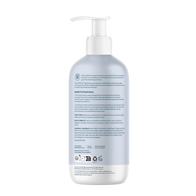 ATTITUDE Body Lotion for Sensitive Skin with Oat,EWG Verified,Dermatologically Tested,Vegan,Extra Gentle,Unscented,16 Fl Oz,(Pack of 2)