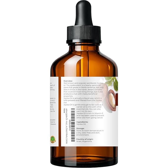 velona Jojoba Oil - 4 Fl Oz (With Dropper) | 100% Pure and Natural | Golden, Unrefined, Cold Pressed, Hexane Free | Moisturizing Face, Hair, Body, Skin Care