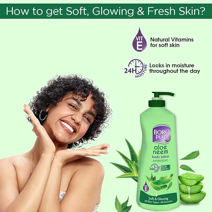 BOROPLUS Aloe Neem Body Lotion | Ultra-Hydrating, Non-Greasy Moisturizer for Very Dry Skin | 24-Hour Deep Nourishment with Aloe Vera & Neem | Fast-Absorbing Body & Hand Lotion | 13.53 Fl Oz (400ml)