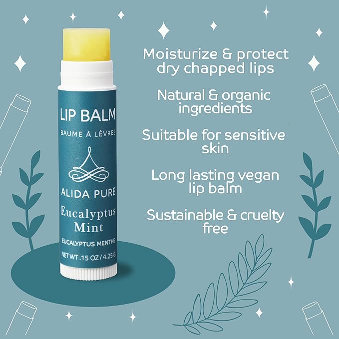 ALIDA PURE Eucalyptus Mint Lip Balm Collection, Vegan, Lip Balm, Beeswax Free, with Avocado Oil, Organic Jojoba Oil, and Vitamin E, Natural Moisturizer for Dry, Chapped Lips, 3 Tube Set