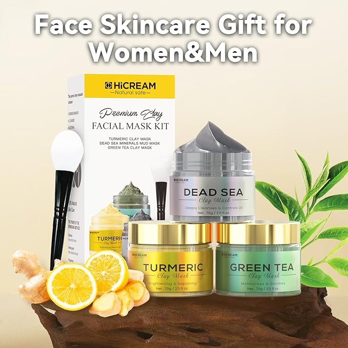 Hicream Turmeric Clay Mask, Green Tea, Dead Sea Minerals Mud Mask, Spa Facial Mask 3-Piece Set for Deep Cleansing, Moisturizing and Refining Pores, Vegan & Cruelty-Free, 7.5 fl.oz