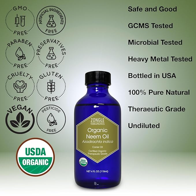 Organic, Neem Oil, for Plants, Skin, Hair, Dogs – 100% Pure, Neem Oil, by Zongle Therapeutics, 4 OZ