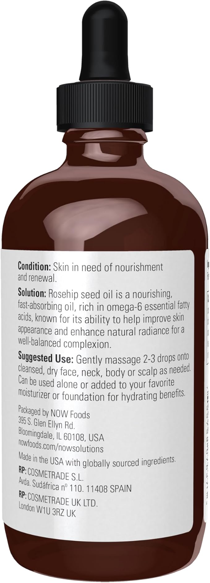 NOW Solutions, Rose Hip Seed Oil, 100% Pure, Nourishing and Renewing, For Facial Care, Vegan, Child Resistant Cap, 4-Ounce