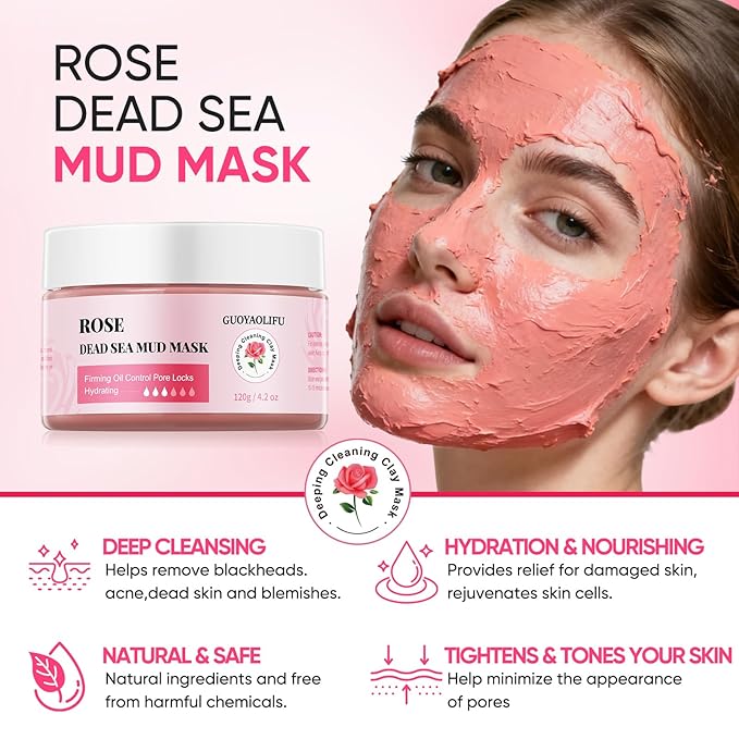 Clay Mud Face Mask for Women,Rose Dead Sea Mud Facial Mask Skincare,Deeping Cleansing,Oil Control,Hydrating Face Cleaning Clay Masks for All Skin Types (4.2OZ)