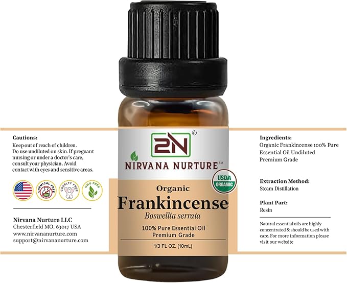 Frankincense Essential Oil, USDA Certified Organic, 100% Pure Undiluted, Aromatherapy Oil for Diffuser, Hair & Skin Care