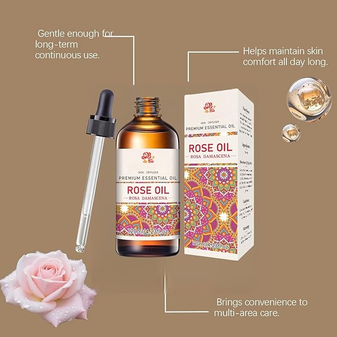 Rose Essential Oil Organic Rose Oil Essential Oils for Face, Hair, Nails, Body, Skin Care, Relaxation, Aromatherapy DIY, Diffuser, SPA Cleaning Massage, Aroma, Bath, Perfume Gift 120ml