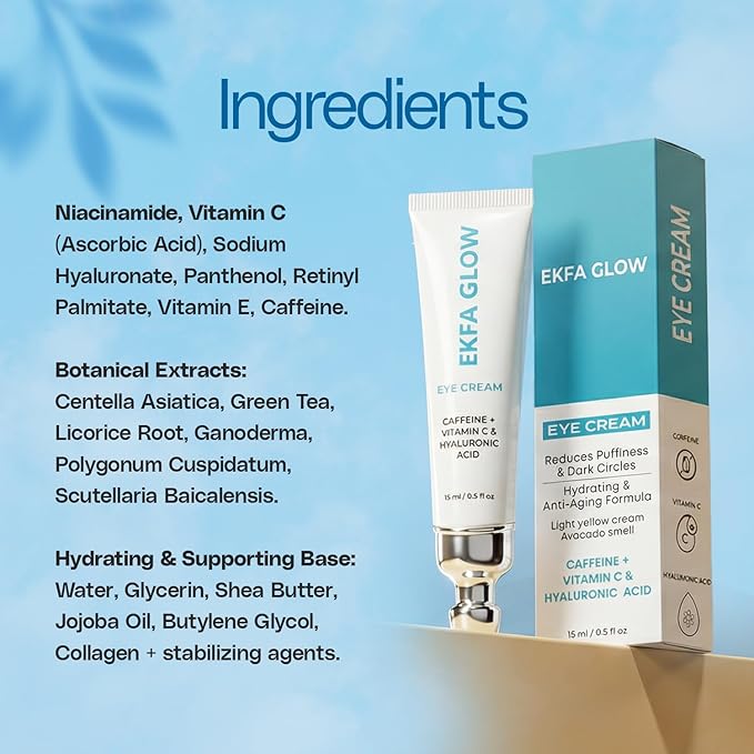 Caffeine Eye Cream for Dark Circles & Puffiness - Vitamin C & Hyaluronic Acid Under Eye Cream, Anti-Aging for Wrinkles, Hydrating & Brightening, 15ml