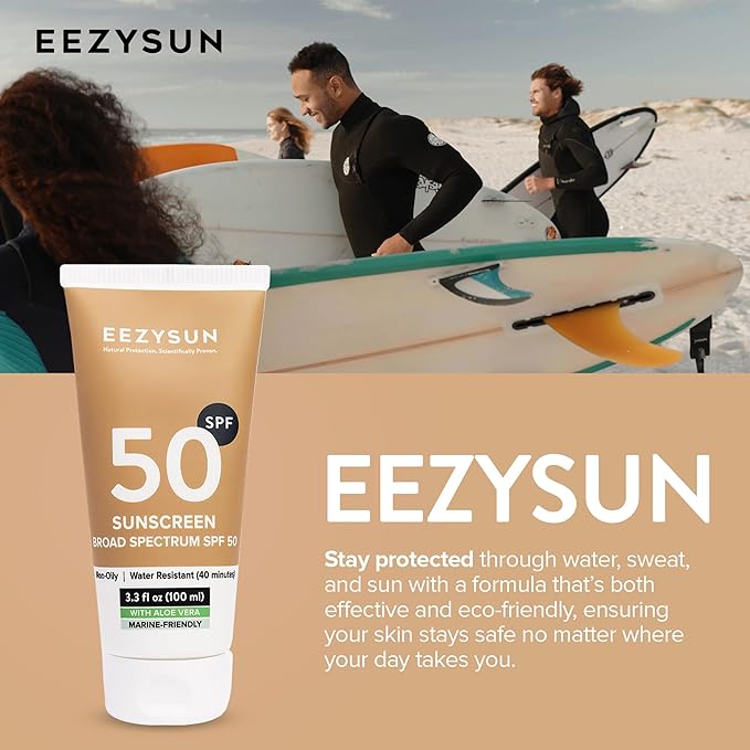 EEZYSUN Mineral Sunscreen SPF 50 - Non-Greasy, Weightless, Sweat-Resistant, Vegan & Reef-Safe Mineral Based Sunscreen for Face and Body with Aloe Vera, UVA/UVB Protection - All Skin Types - 3.3 fl oz