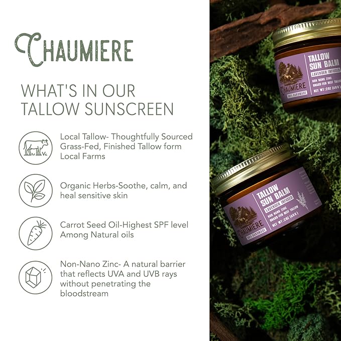 Lavender Tallow Sunscreen SPF 50 – Grass-Fed Beef Tallow Balm with Carrot Seed Oil & Non-Nano Zinc – Organic Face & Body Moisturizer, Reef Safe, Naturally Scented – 2.5oz x 2, Made in USA