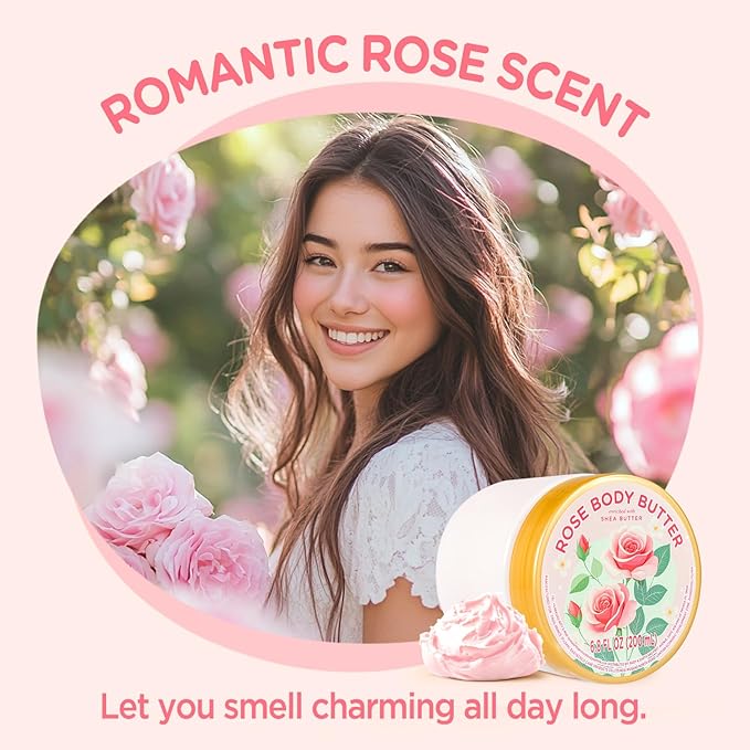 Rose Body Butter, Natural Shea Body Butter for Dry Skin, Womens and Mens Body Care, Body Care for Deep Moisturizing and Hydrating-3.4 floz+6.8 floz
