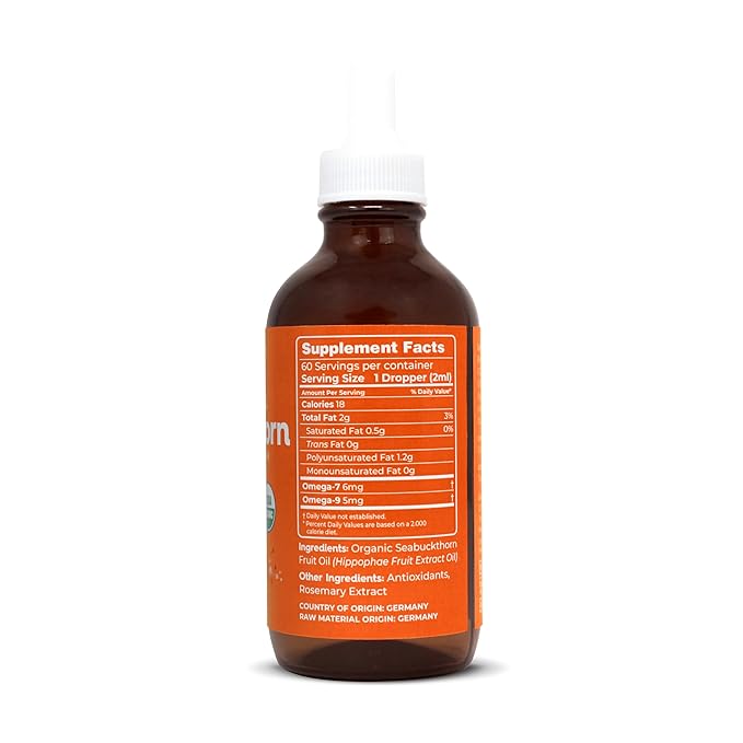 Organic Sea Buckthorn Oil | 4 FL OZ (120 ML) | CO2 Extract | Premium Omega 3-6-9 Complex | Skin Barrier Support | Promotes Cell Membrane | Dropper in Glass Bottle | Made In Germany