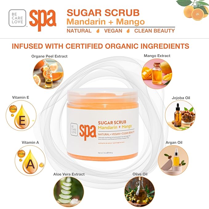 BCL Spa Mandarin Mango Sugar Scrub - Professional Exfoliating Body Scrub with Organic Essential Oils, Natural Skin & Body Care, Made in USA, 16 oz
